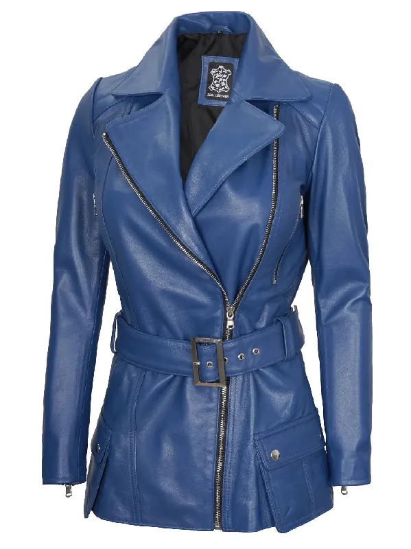 Victoria Blue Asymmetrical Leather Jacket For Women