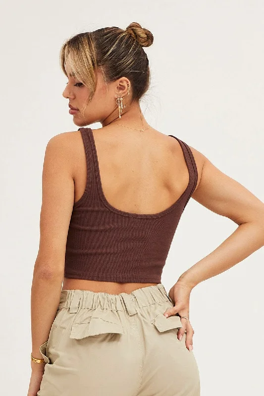 Brown Tank Rib Notch Cropped Rib