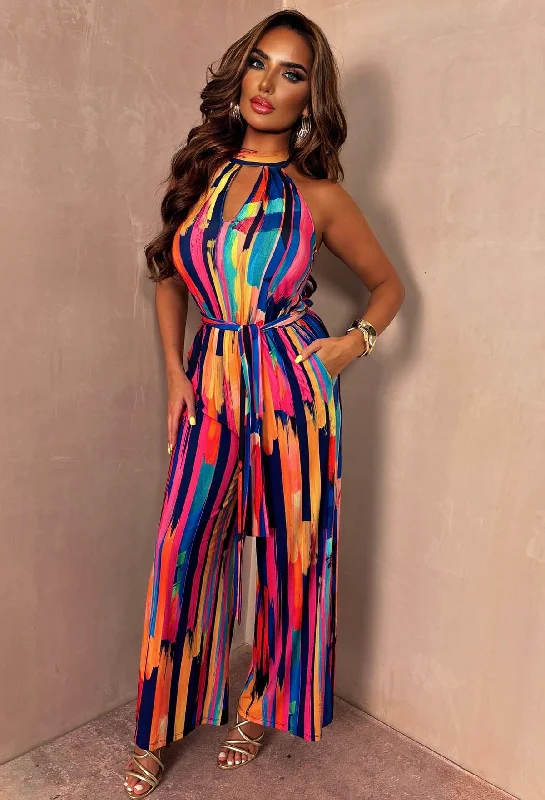 Date With Destiny Multi Printed Keyhole Halterneck Jumpsuit With Tie