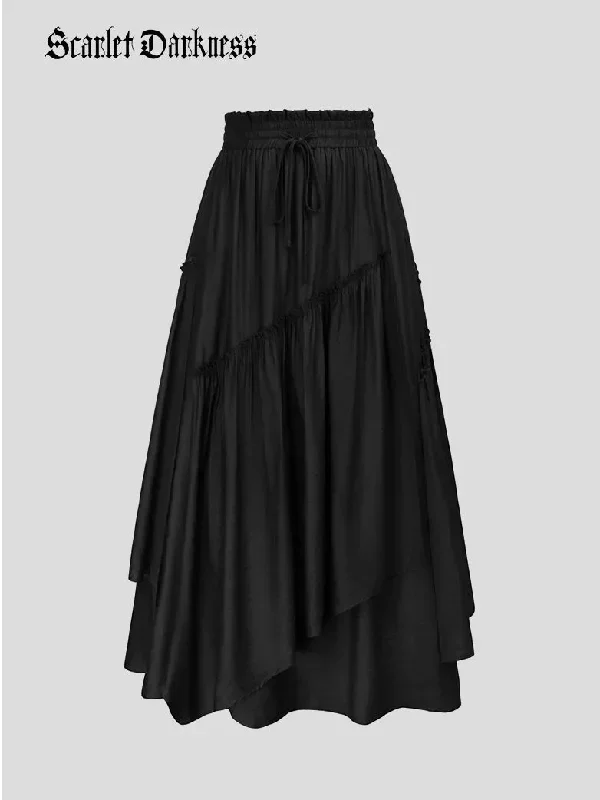 Overlay Decorated Drawstring Waist Irregular Hem Skirt