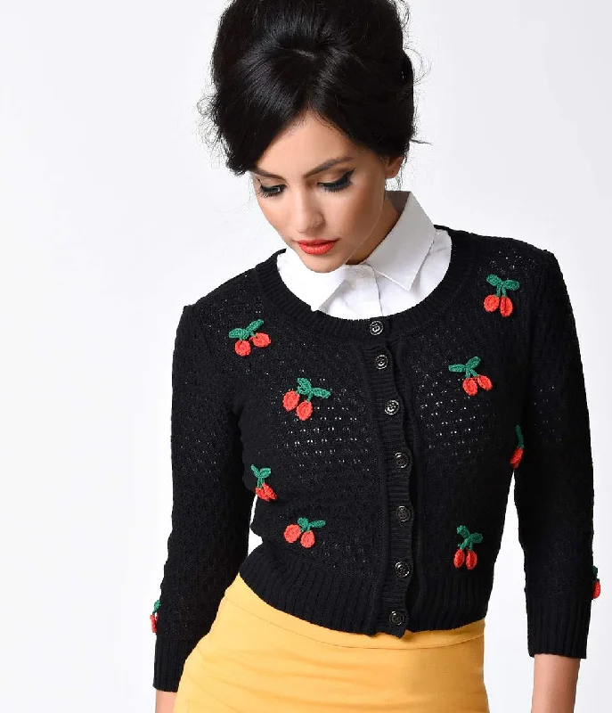 Vintage Style Black & Red Cherry Three-Quarter Sleeve Knit Crop Cardigan